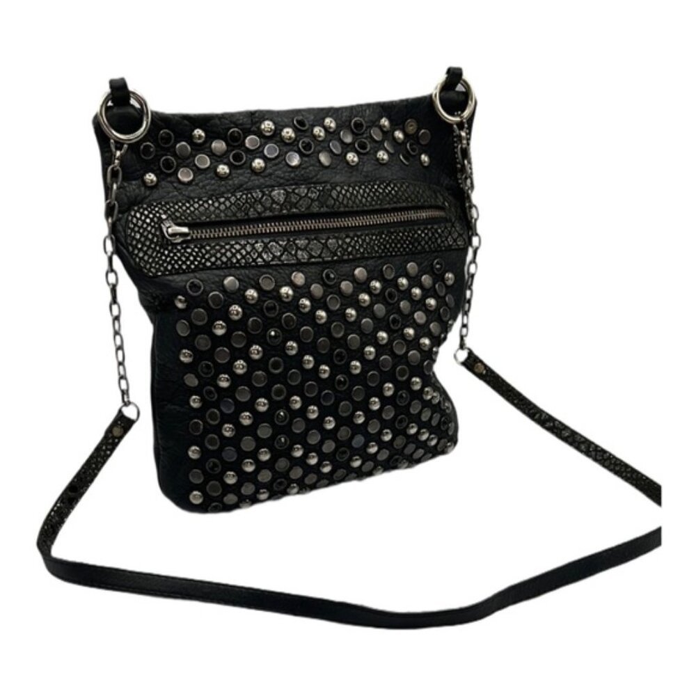 Leatherock Studded Handbag Black Leather Rhinestone Crossbody Festival Biker Psy